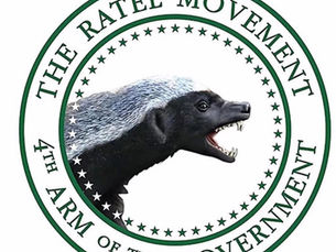 A roaring honey badger inside a circular emblem with the text "THE RATEL MOVEMENT 4TH ARM OF THE GOVERNMENT" and star pattern.