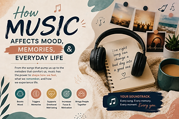 Infographic with headphones on a notebook, photos and coffee, reading How Music Affects Mood, Memories, & Everyday Life.