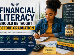 Student writes at desk beside financial goals board and finance books; poster says Why Financial Literacy Should Be Taught Before Graduation