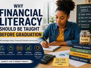 Student writes at desk beside financial goals board and finance books; poster says Why Financial Literacy Should Be Taught Before Graduation
