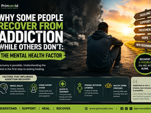 Infographic on addiction recovery shows a seated man at sunset, signposts for healing and hope, and text about mental health.