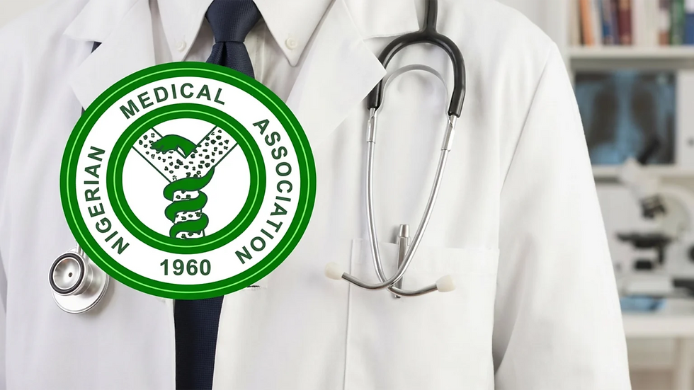 Doctor in a white coat with a stethoscope, Nigerian Medical Association logo visible. Background shows medical equipment.