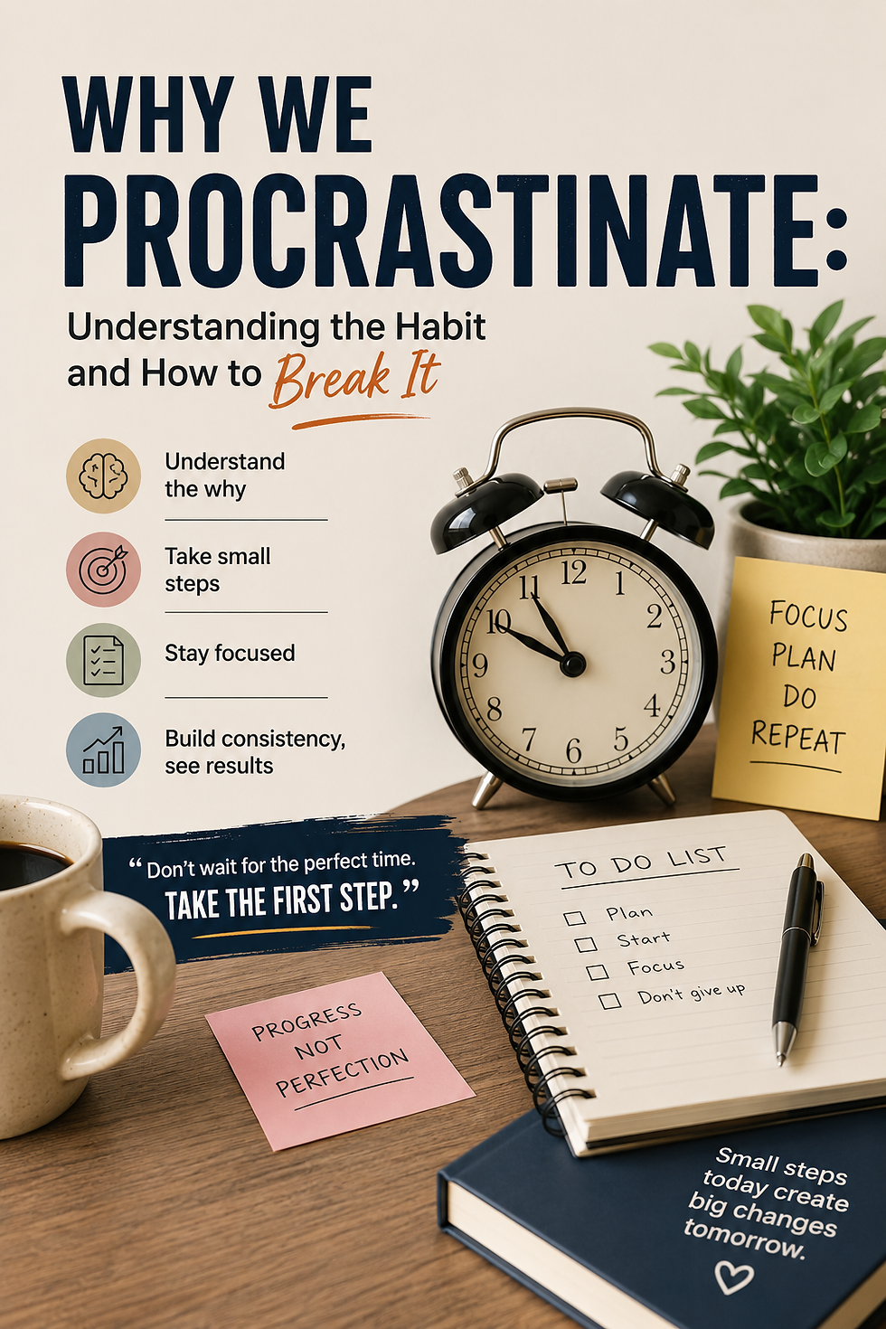 Infographic on procrastination with alarm clock, to-do list notebook, sticky notes, coffee mug, plant, and tips for focus