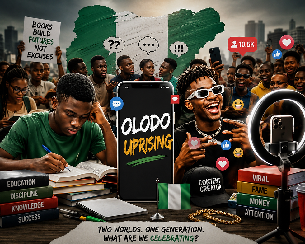 Nigerian youth collage: a student studies beside an influencer, with a Nigeria flag, books, social icons, and protest crowd.