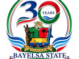 Bayelsa State 30 years anniversary emblem with coat of arms, wildlife, boaters, and motto The Glory of All Lands