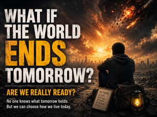 Apocalyptic poster with man facing fiery sky over ruined city; text reads WHAT IF THE WORLD ENDS TOMORROW? ARE WE REALLY READY?
