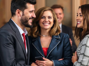 Three smiling businesspeople chat at an indoor event, one holding a phone, with a blurred man in the background.