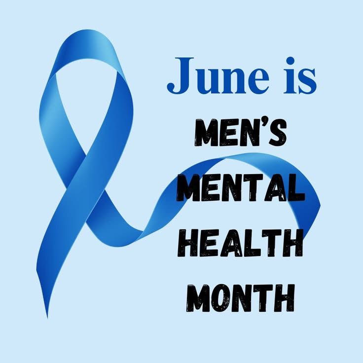 Blue ribbon on light blue background with text: June is MEN'S MENTAL HEALTH MONTH.