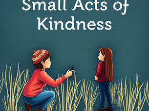 Two children are in a field. One crouches and uses a phone, while the other stands. Text reads "Small Acts of Kindness."