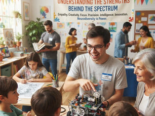 Smiling man with glasses shows a robot to children at an autism workshop under a banner about strengths behind the spectrum.