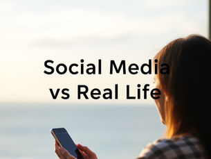 Woman holding phone near window with ocean view. Text: "Social Media vs Real Life." Warm lighting, checkered shirt visible.