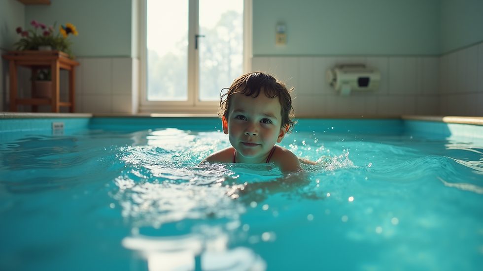 Eye-level view of a small indoor swimming pool with a child learning to float