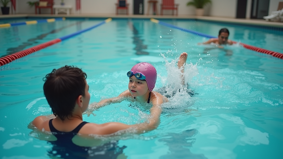 High angle view of a child practicing swimming skills with an instructor in a pool