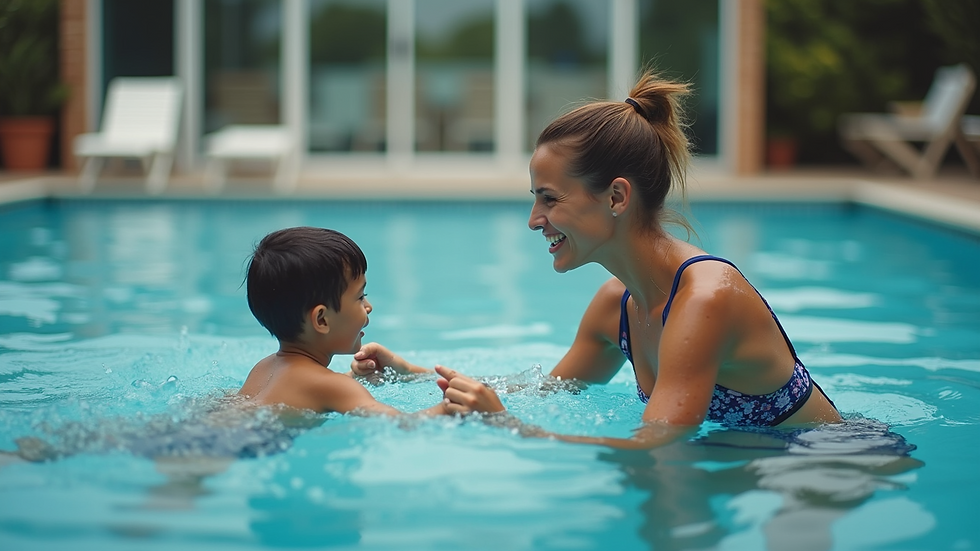 Close-up view of a swim instructor demonstrating floating techniques to a child