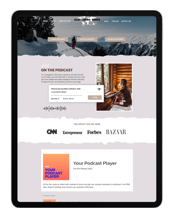Thumbnail: Mobile and desktop preview of Wix travel blog and podcast template