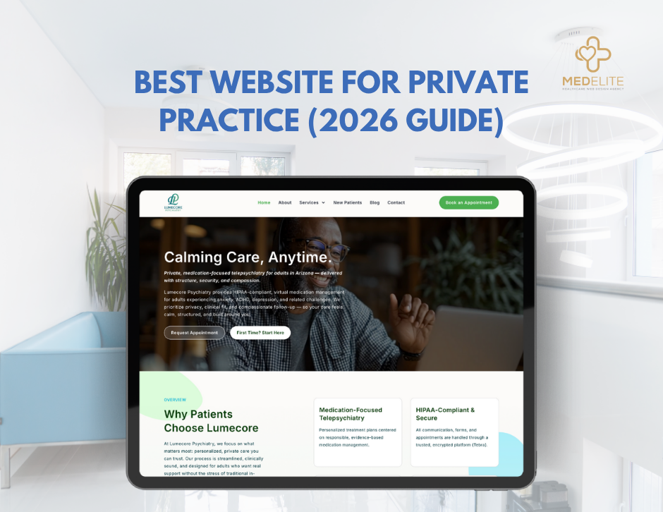 Tablet displaying a healthcare website in a modern office. Text reads "BEST WEBSITE FOR PRIVATE PRACTICE (2026 GUIDE)." Calm atmosphere.