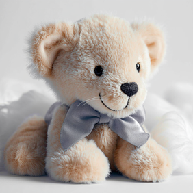 Adorable beige teddy bear with gray bow