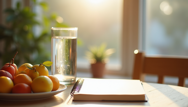Eye-level view of a morning breakfast table with fresh fruits, a glass of water, and a journal