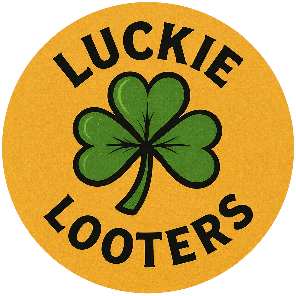 Orange circular logo with Luckie Looters text and green three-leaf shamrock.