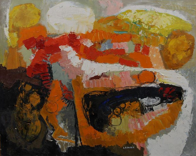 LASNIER Jean.  Composition. Acrylique sur toile. Signée en bas à droite. Format  92-73 cm.