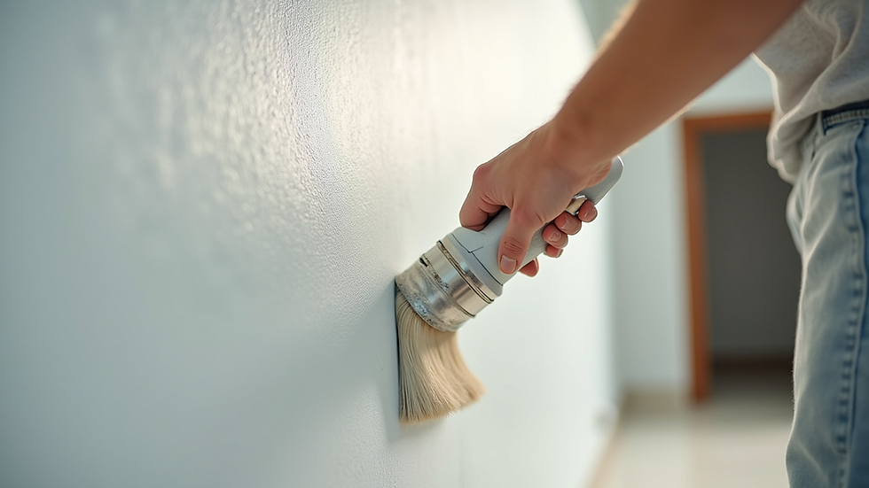 Eye-level view of a painter applying primer to a wall