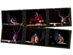 Collage of people intensely participating in a n oyster shucking contest. Various expressions and gestures. Dark backdrop with gray balloons and green accents.