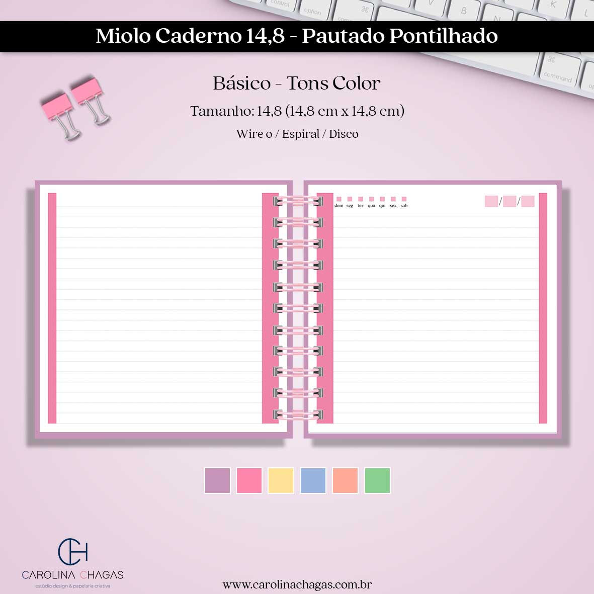 Miolo caderno 14,8 pautado pontilhado
