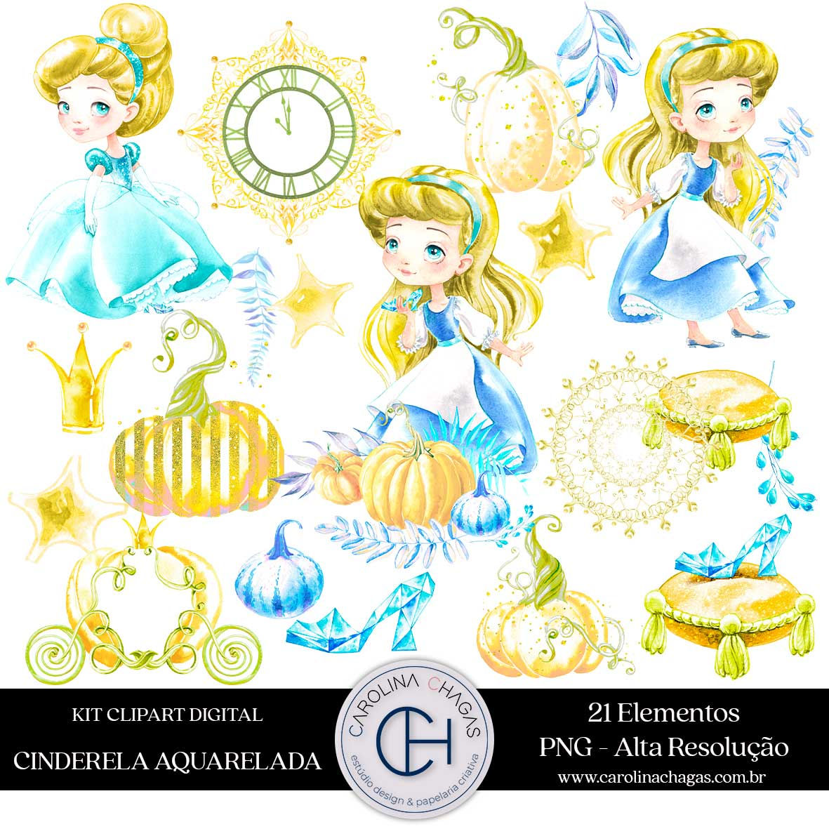 Kit clipart digital cinderela aquarelada