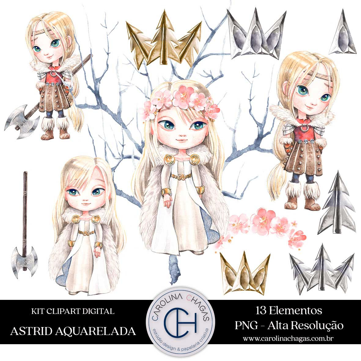 Kit clipart digital astrid aquarelada