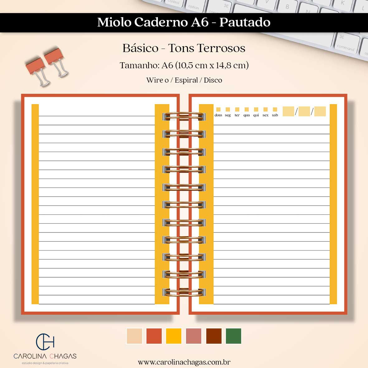 Miolo caderno A6 pautado