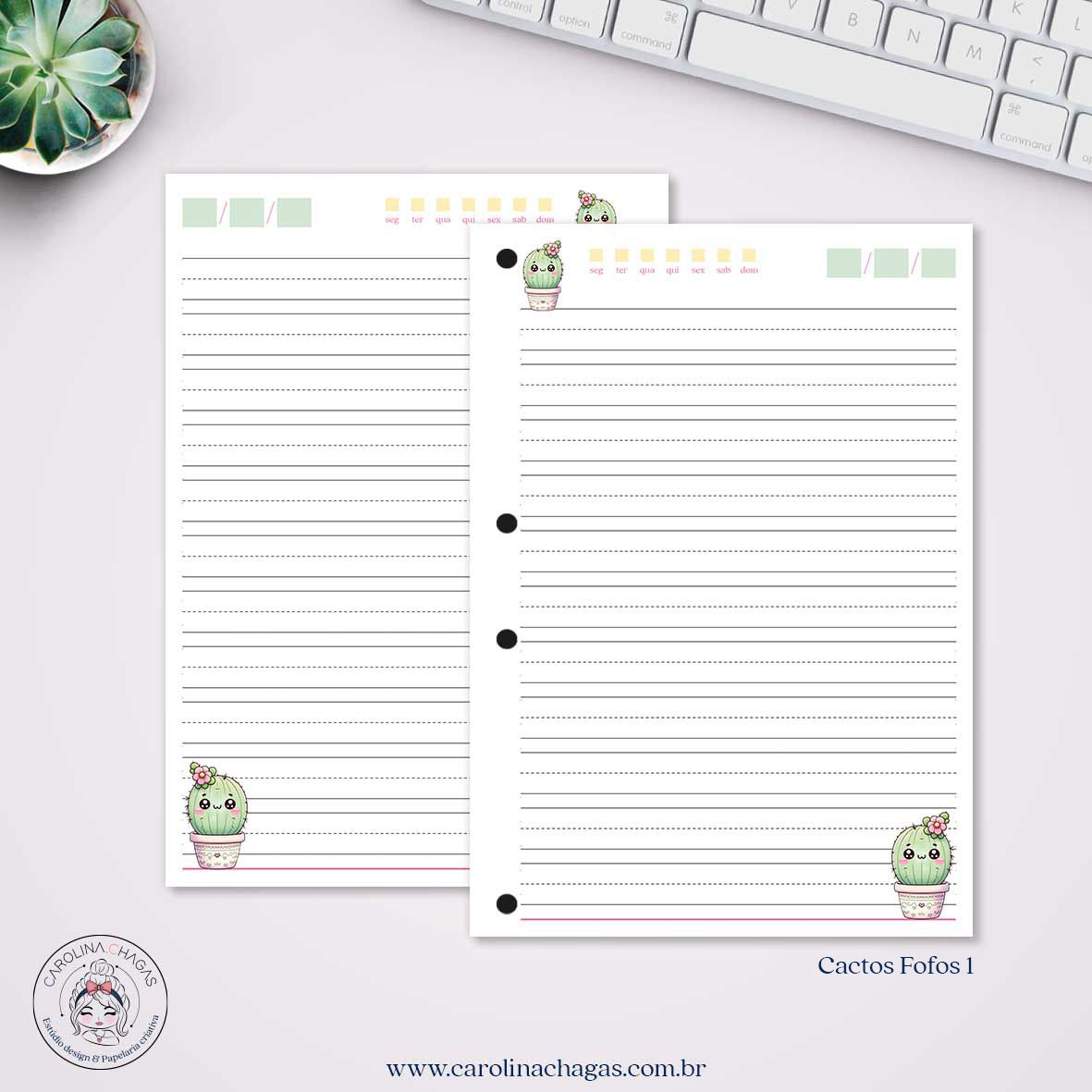 Refil fichário A5 caligrafia cactos fofos