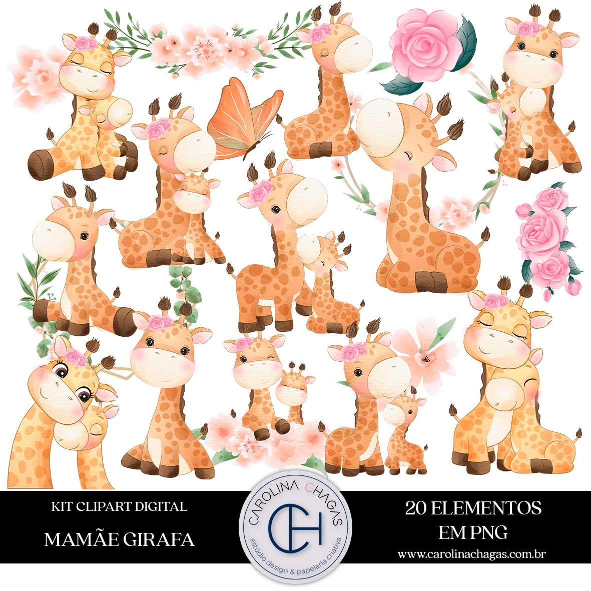 Kit clipart digital mamãe girafa