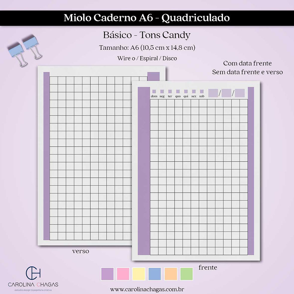 Miolo caderno A6 quadriculado