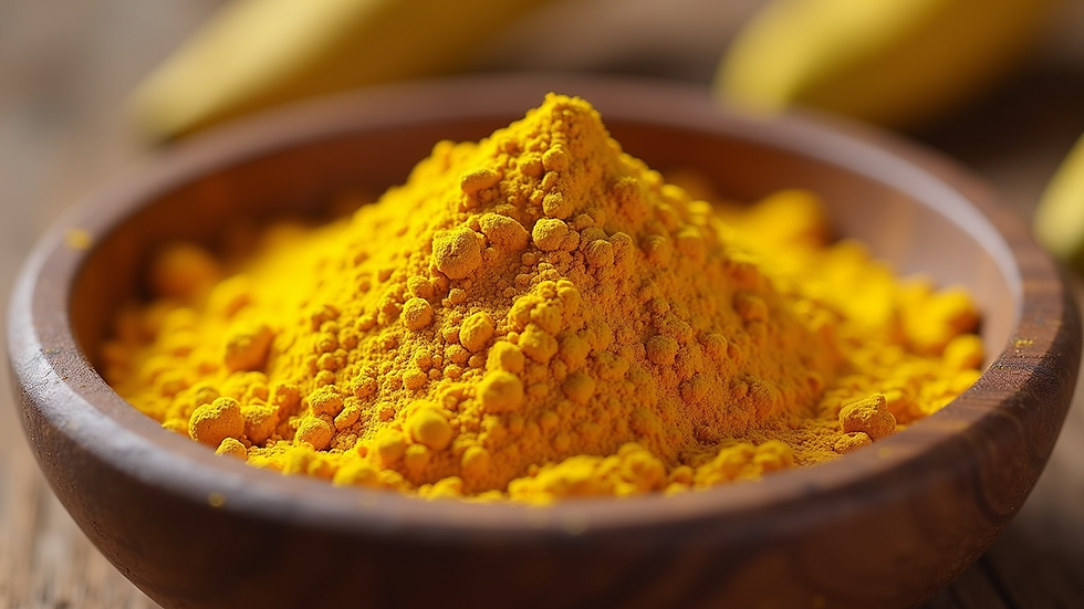 Close-up view of bright yellow organic haldi powder in a wooden bowl