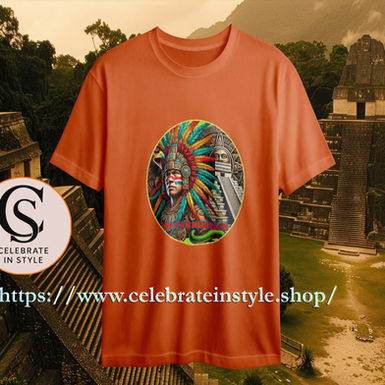 Orange t-shirt, indigenous warrior graphic, CELEBRATE IN STYLE, celebrateinstyle.shop, ruins.