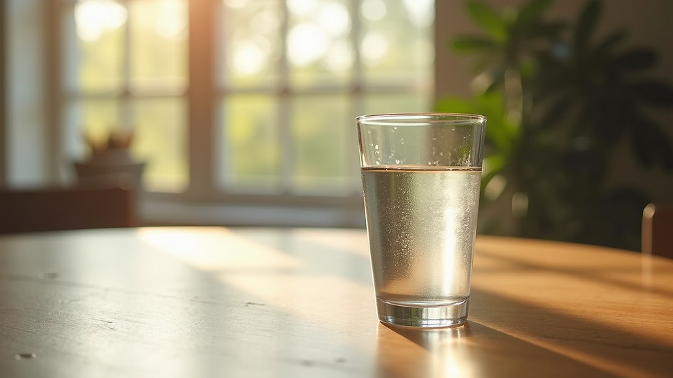 Eye-level view of a glass of Kangen Water on a wooden table