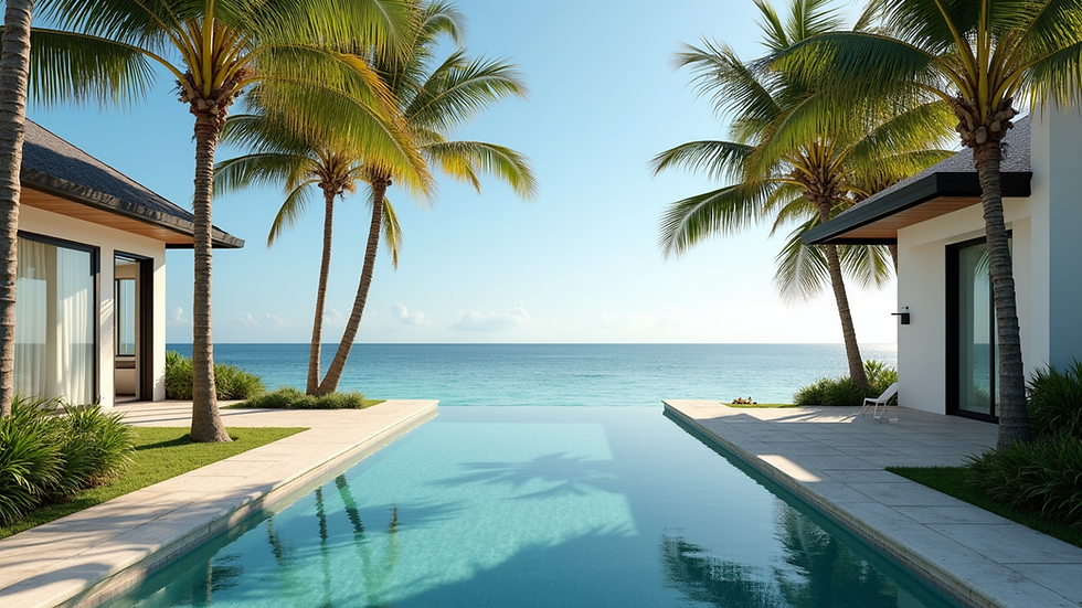 Eye-level view of a serene beachfront villa with palm trees and calm ocean