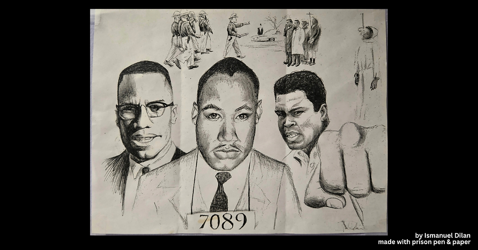 portrait of MLK, Malcom X and Muhammad Ali