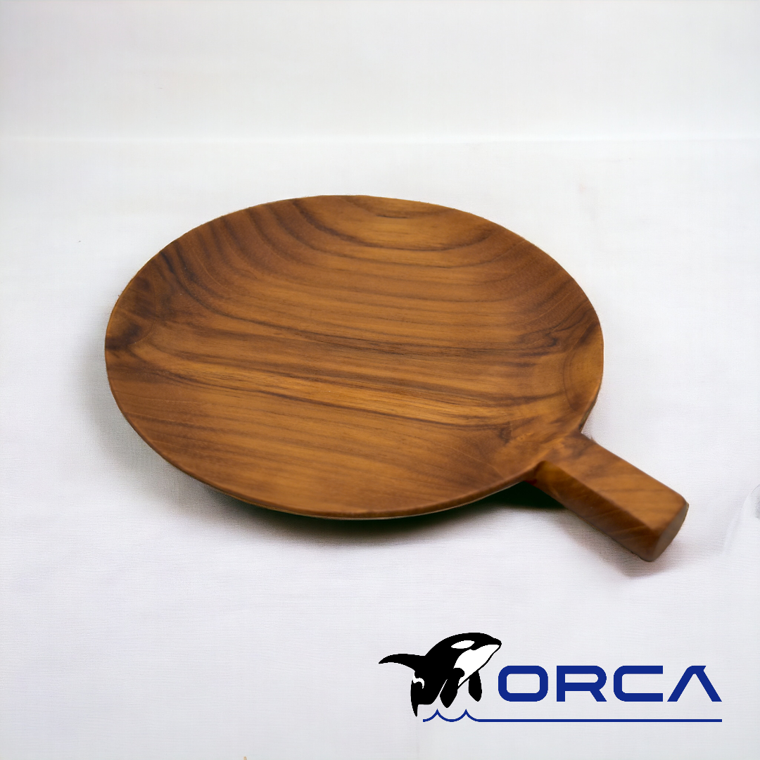 Solid teak wood plate with handle, round M size