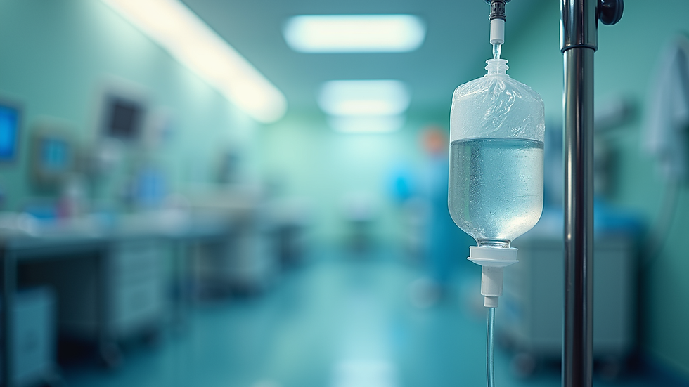 Eye-level view of IV hydration bag hanging on a medical stand