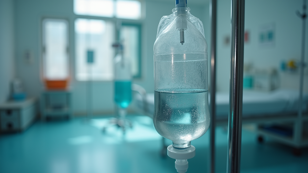 Close-up view of IV drip bag with clear fluid hanging on stand