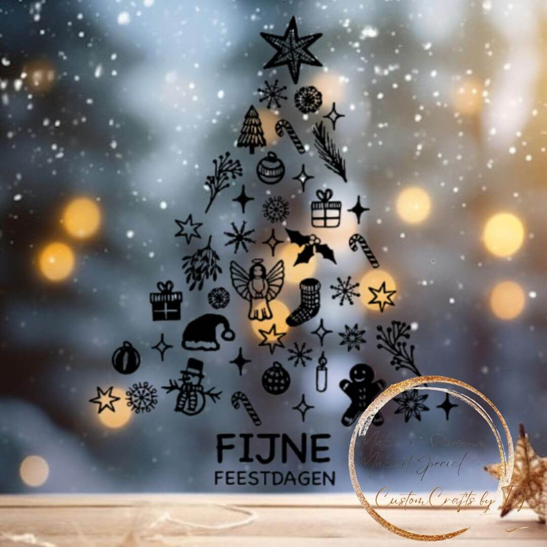 Herbruikbare Raamstickers Fijne Feestdagen Kerstboom Zwart