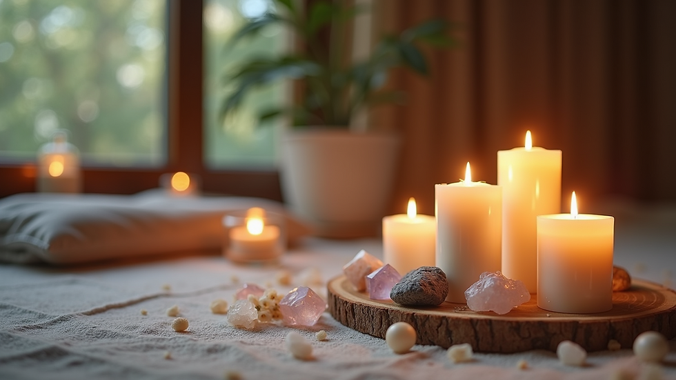 Eye-level view of a serene meditation space with candles and crystals