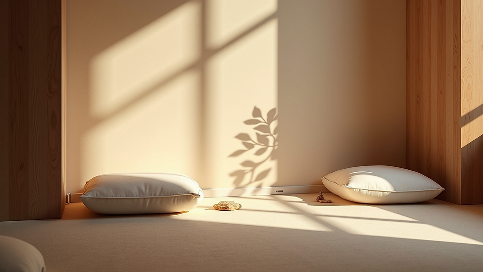 High angle view of a peaceful meditation corner with cushions and soft lighting