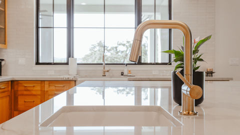 a kitchen sink in front of a window with a plant in the background