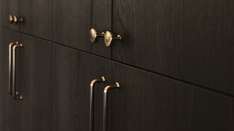 a close up of a cabinet with brass handles