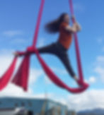 Charles hanging from a silk over the harbor