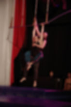 Charles in a partner hold hanging from a trapeze