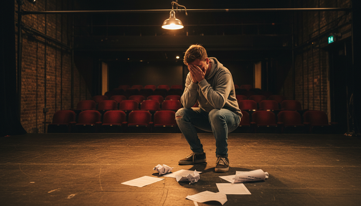 Wide-angle view of a young actor rehearsing a scene in an empty theatre