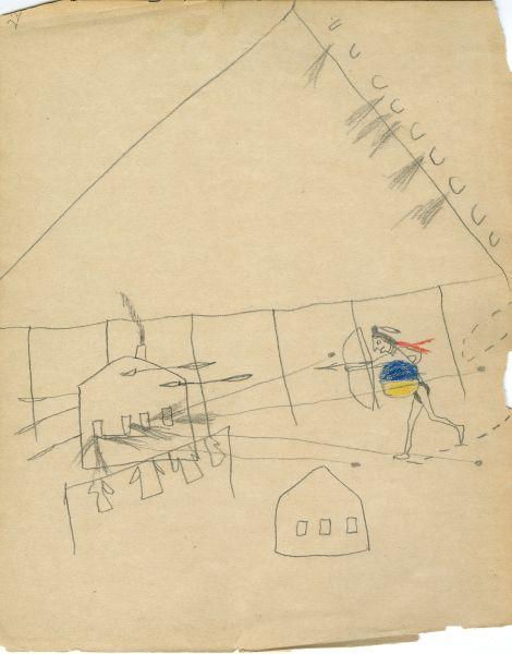 Ledger drawing in pencil. Sitting Bull is pictured running towards a house with a chimney. Hanging laundry is outside the house. Sitting Bull holds a yellow and blue shield. Gunfire comes out of the house through the windows, while arrows are shooting in. Sitting Bull holds a bow and arrow. 